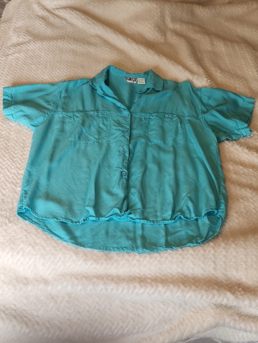 Ignite Turquoise Button-Up Short Sleeve Top Women's L